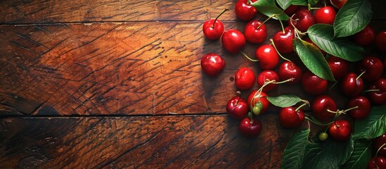 Poster - Fresh ripe cherries with leaves displayed on a textured wooden surface creating a visually appealing copy space image for vegan and healthy eating messages