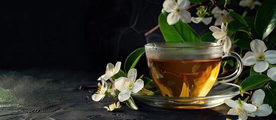 Poster - A cup of jasmine tea and fresh jasmine blooms against a black backdrop with available copy space image