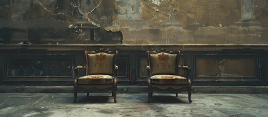 Poster - A pair of antique chairs placed on a plain concrete surface with copy space image
