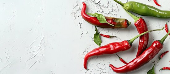 Poster - Red and green chili peppers elegantly displayed on a white backdrop with copy space image