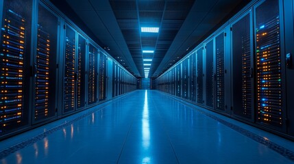 Poster - A modern data center utilizing renewable energy sources features advanced technology and efficient systems in a sleek environment.