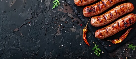 Poster - Grilled sausages with a dark background in a long banner format viewed from above with copy space image