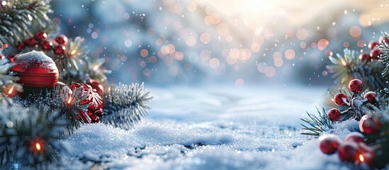 Poster - Snow covered background adorned with customary Christmas decorations along the edge offering a designated area for a copy space image