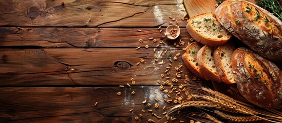 Poster - Wooden background with sliced bread wheat grains and thyme creating a picturesque copy space image