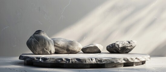 Aufkleber - Stone podium with rocks and snags on grey background ideal for showcasing products with a wabi sabi aesthetic Features copy space image in a frontal perspective