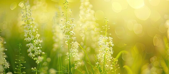 Poster - White flowers growing in a field with lush greenery Filipendula ulmaria meadow flowers on a forest lawn wildflowers and green grass creating a summery background with an optical blur bokeh for copy s