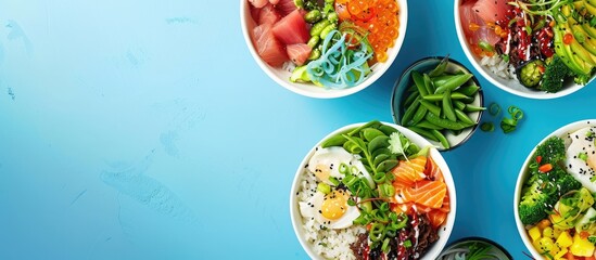 Sticker - Various poke bowl varieties showcased in a top view image with a blue background with plenty of copy space for additional text or graphics