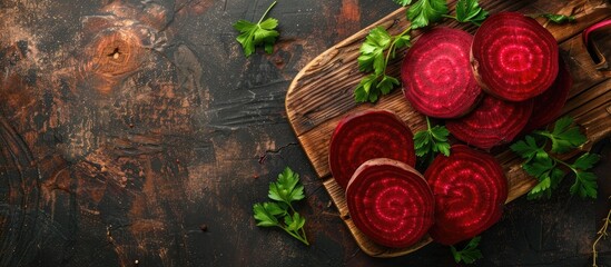 Aufkleber - Boiled beetroot slices on a wooden cutting board with parsley leaves against a rustic backdrop for a copy space image