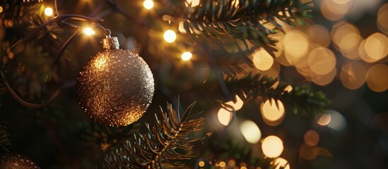 Poster - Christmas themed close up decoration with ball and light bulb bokeh on a festive tree at night perfect as a copy space image
