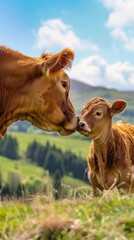 Poster - A mother cow is kissing her baby cow