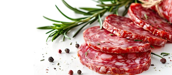 Poster - A white background featuring sliced French salami garnished with rosemary perfect for a copy space image