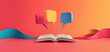 © Anna - Open book with colorful 3D speech bubbles above and abstract waves in orange gradient background.