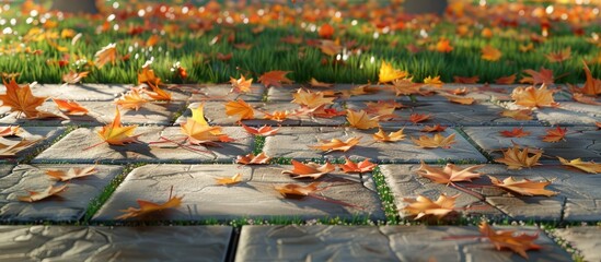 Poster - Autumn scene with leaves falling on street tiles grass lawn perfect for wallpaper featuring empty copy space image