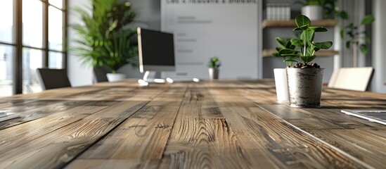 Fototapete - Wooden table in a modern office setting provides an ideal background for showcasing office products with a clear copy space image