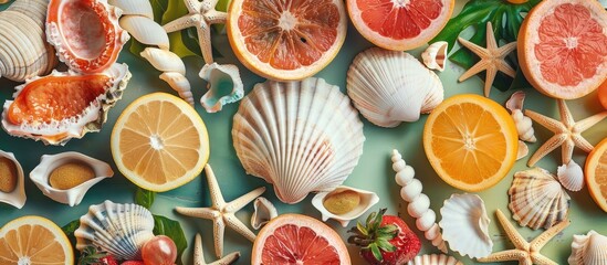 Fototapete - A flat lay image depicting summer vibes with a mix of seashells fruits and trendy accessories on a table offering a copy space image for text