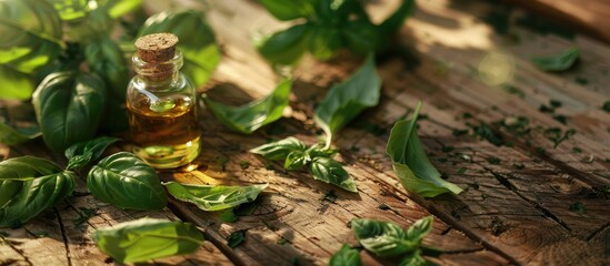 Poster - Fresh basil leaves and essential oil displayed on a wooden background for aromatherapy and herbal medicine featuring a designated area for text within the image. Creative banner. Copyspace image