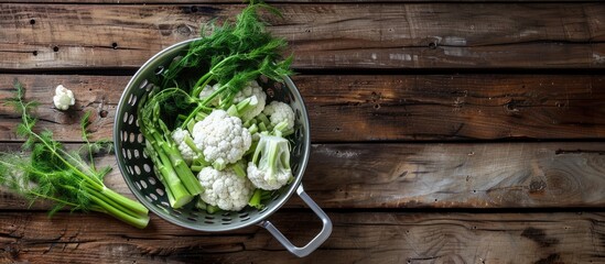 Poster - Flat lay of a metal colander filled with cauliflower fennel and asparagus on a wooden table with available space for text incorporating a copy space image