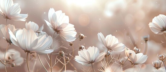 Aufkleber - Soft white pastel flowers with a romantic essence set against a blurred nature backdrop creating a serene copy space image