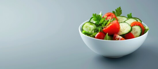 Poster - Fresh vegetable salad in a bowl with tomato and cucumber on a grey background ideal for copy space image