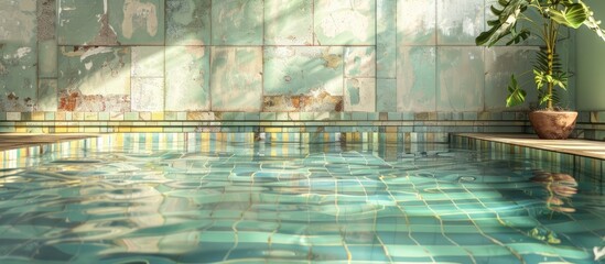 Poster - Stunning swimming pool featuring clear water and vintage tile wall ideal for leisure getaways Ample copy space image included