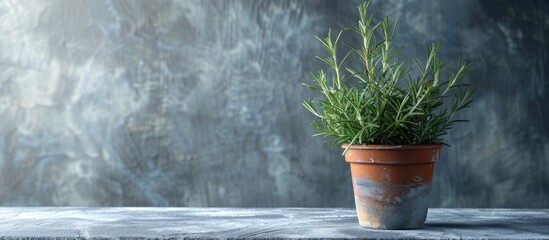 Canvas Print - Aromatic herb a rosemary plant in a pot on a textured grey table with copy space image