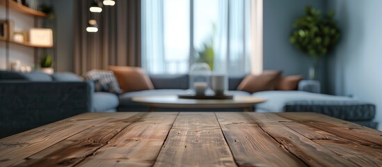 Aufkleber - Ideal for showcasing products and presentations a blurred modern Scandinavian living room is featured with a wooden table top providing copy space image