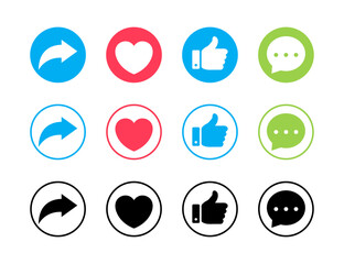 Like, love, comment, and share icon vector in circle line and filled isolated on white background. Social media vector icons. Like love comment share icon button collection. Vector illustration.