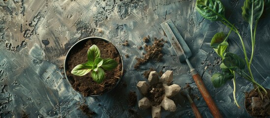 Poster - Top view of a plant placed on a peat pot and gardening tools set against a grey background with copy space image