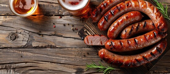 Poster - Top down view of grilled sausages and a glass of beer on a wooden table with a clear area for additional content in the image