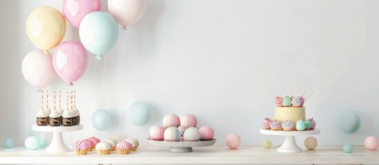 Poster - Birthday party setup including various sweets and balloons on a table with a white wall background with room for text or design in the copy space image