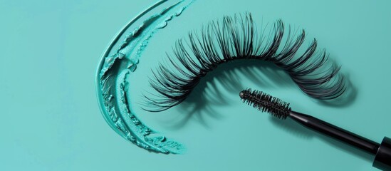 Poster - Cosmetics like black mascara brush and fake eyelashes placed on a vivid turquoise backdrop creating an appealing copy space image