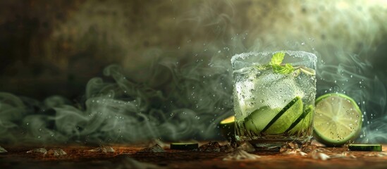 Poster - A gin and tonic served in a misted glass on a weathered background garnished with lime cucumber and juniper providing a copy space image