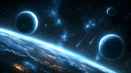 a beautiful view of a planet from space with shooting stars.