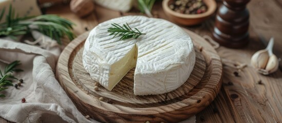 Aufkleber - Copy space image of a rustic top view arrangement with a variety of soft cow goat or sheep cheese ideal for a natural fresh appetizer or snack meal