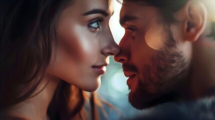 Pretty woman looking to handsome man face to face. Portrait of  beautiful woman with handsome man. Attractive couple looking to each other. Tttractive woman looking