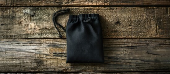 Aufkleber - Copy space image of a black pouch placed on a pale wooden surface