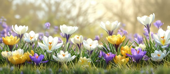 Leinwandbilder - Crocuses blooming in the garden a banner featuring yellow white violet and purple spring flowers with space for text creating a versatile image for cards posters or backgrounds. Creative banner