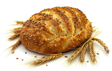 Freshly baked loaf of bread with sesame seeds and wheat