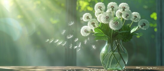Poster - Dandelion bouquet in a vase with sunlit green backdrop and scattered seeds ideal for copy space image