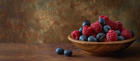 Poster - A variety of vibrant berries including raspberries and blueberries arranged in a wooden saucer placed on a rustic brown table with copy space image