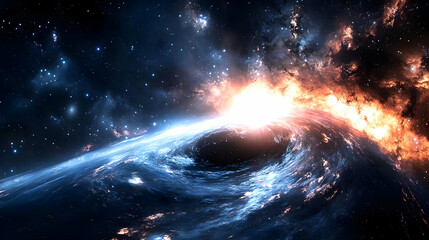 A black hole in space with a bright orange and white glow behind it.