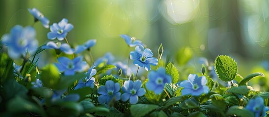 Leinwandbilder - Close up shot of delicate blue primroses in a spring forest with copy space image