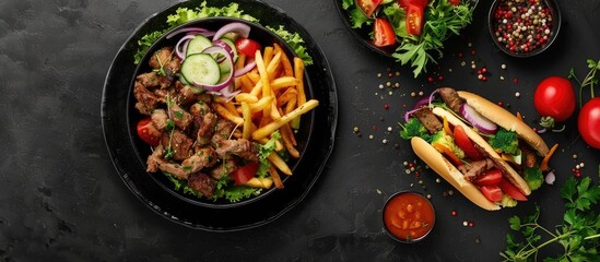 Poster - Top down view of doner kebab or gyros served on a plate with fries veggies and salad on a black backdrop with ample copy space image