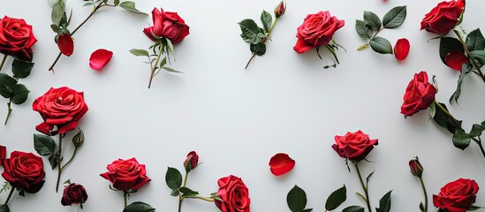 Aufkleber - Top down view of vibrant red roses displayed against a white backdrop in a flat lay composition with plenty of copy space image