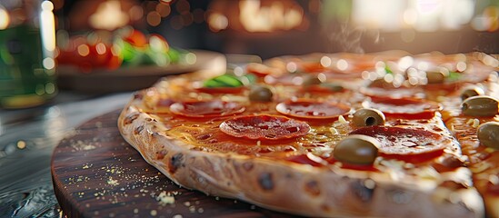 Poster - Hot supreme pizza with pepperoni olives and mozzarella cheese just out of the oven perfect for a copy space image Enjoy a fresh homemade pizza with beverages pulling a delicious slice