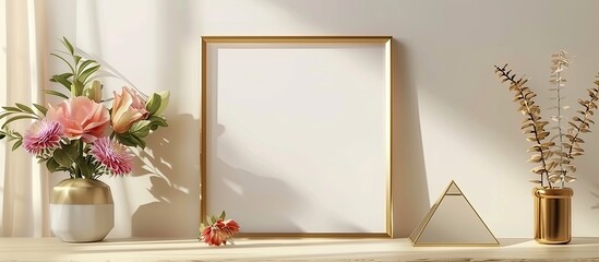 Aufkleber - A golden picture frame adorned with flowers and a pyramid displayed on a table accompanied by a generous area for text in the photo. Creative banner. Copyspace image