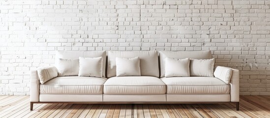 Poster - High quality photo of a couch against a white brick wall in a spacious living room with a clear area for additional images