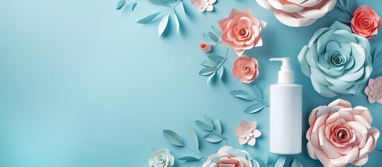 Poster - Facial beauty products displayed with decorative paper flowers on a blue backdrop perfect for design with copy space image