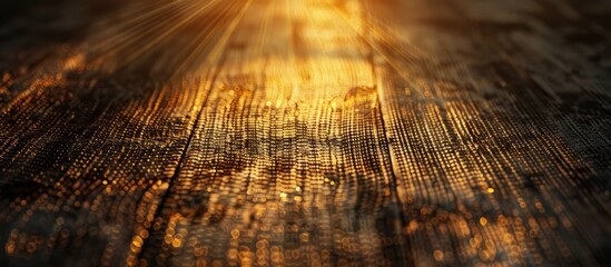 Poster - Dark copyspace image with a golden circle chain mesh creating a grid like sunbeam on the textured natural wood surface