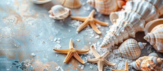 Leinwandbilder - A summer vibe with sea shells or starfish displayed on a table background providing room for text in a copy space image